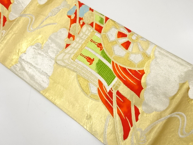 JAPANESE KIMONO / ANTIQUE FUKURO OBI / SILK / WOVEN CARRIAGE & CLOUD